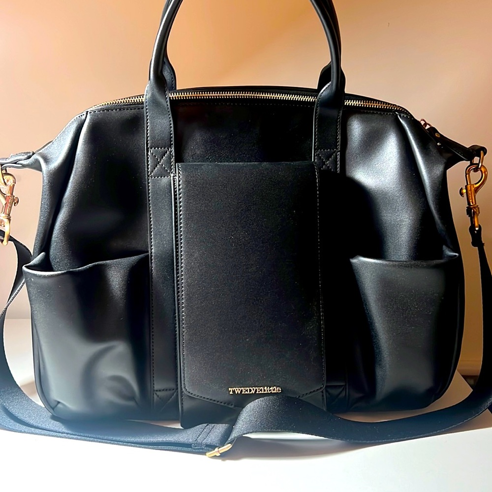 VEGAN LEATHER DIAPER BAG SATCHEL IN BLACK